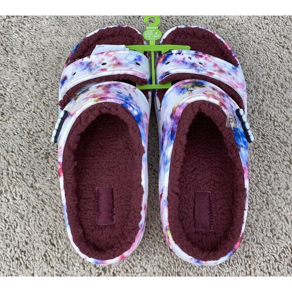 Crocs Classic Cozy Sandals Tie Dye Garnet Slip On Warm Fuzzy Unisex M10 W12 NWT - Picture 6 of 10